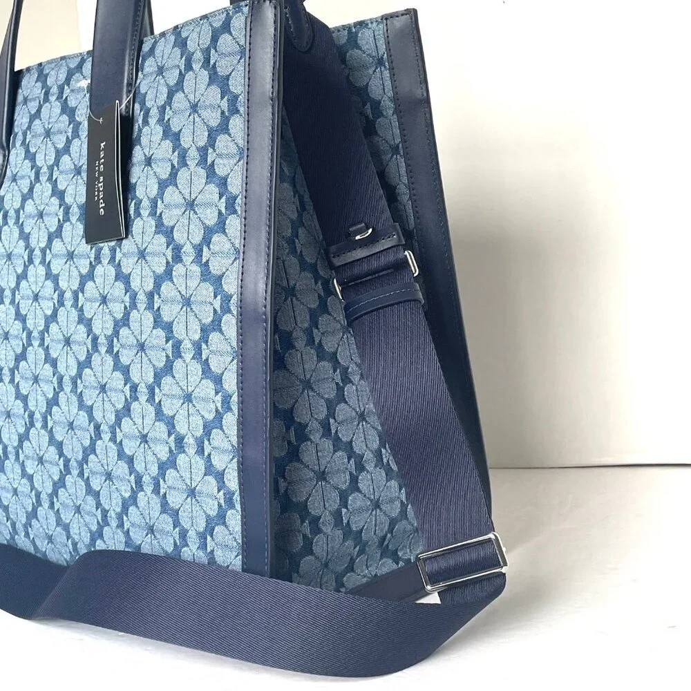Kate Spade Jacquard Denim Large Manhattan Tote Bag Blue Flower Shoulder Strap - Picture 9 of 13